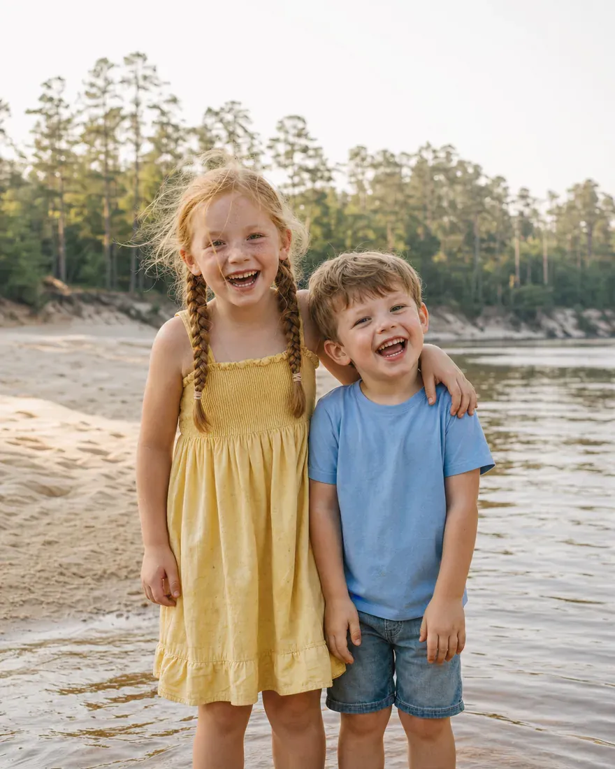 A girl and her little brother laughing together at the edge of a sandy creek.