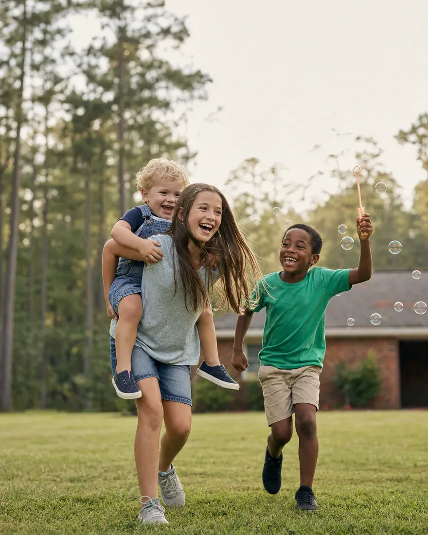 A girl giving her little brother a piggyback ride while a friend blows bubbles under tall pines.
