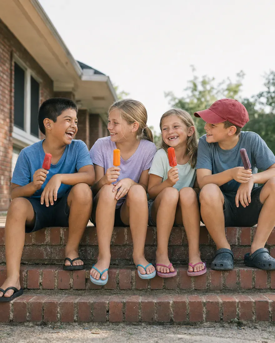 Four kids laughing over popsicles on the front porch steps.