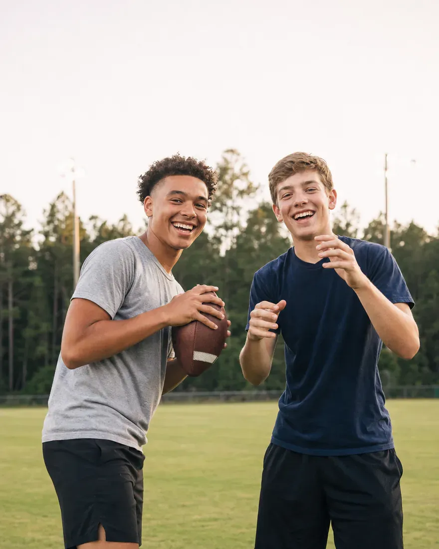 Two teenagers laughing as they play catch with a football on a practice field.